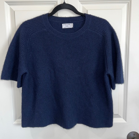 Frame Boxy Short Sleeve Soft Wool/Yak/Cashmere Knit Sweater Navy Size XS - Picture 1 of 6